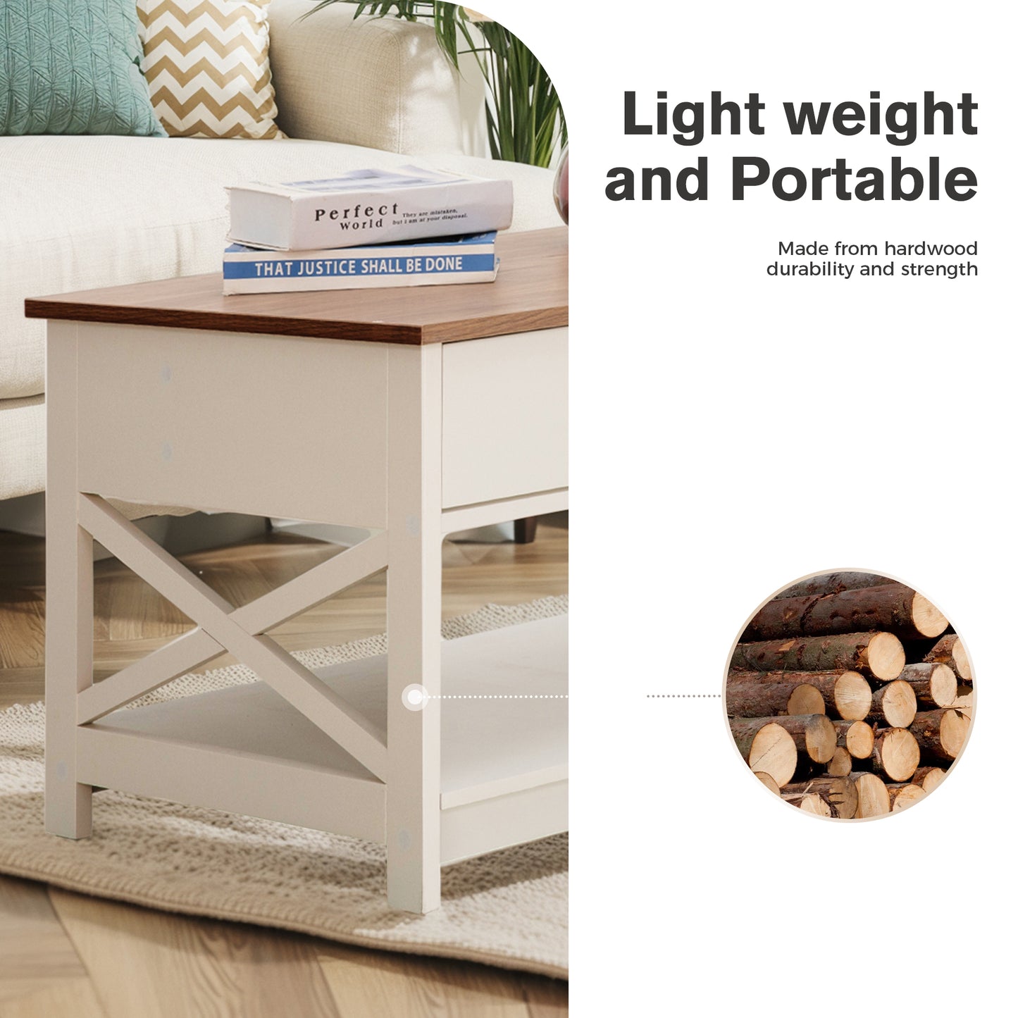 Captiva Designs Farmhouse Coffee Table with Storage Shelf for Living Room, 2-Tier Wooden Center Table with X-Shape Design, Ivory