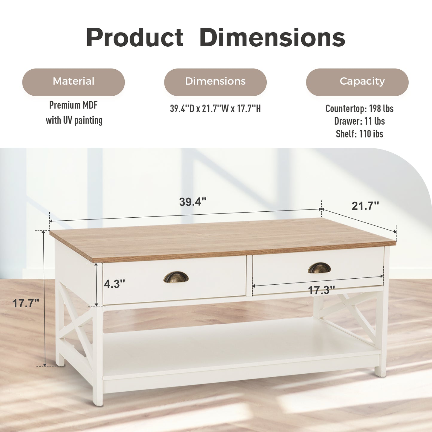Captiva Designs Farmhouse Coffee Table with Storage Shelf for Living Room, 2-Tier Wooden Center Table with X-Shape Design, Ivory