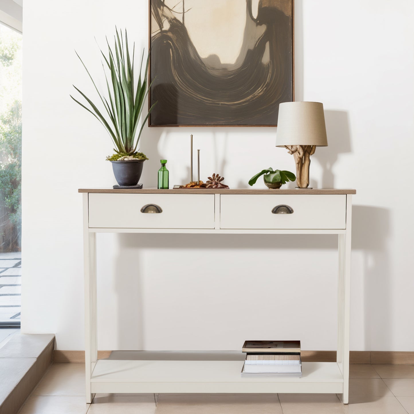 Captiva Designs Farmhouse Console Table with Shelf or Drawers, Narrow 2-Tier Entryway or Hallway Table, Ivory Finish