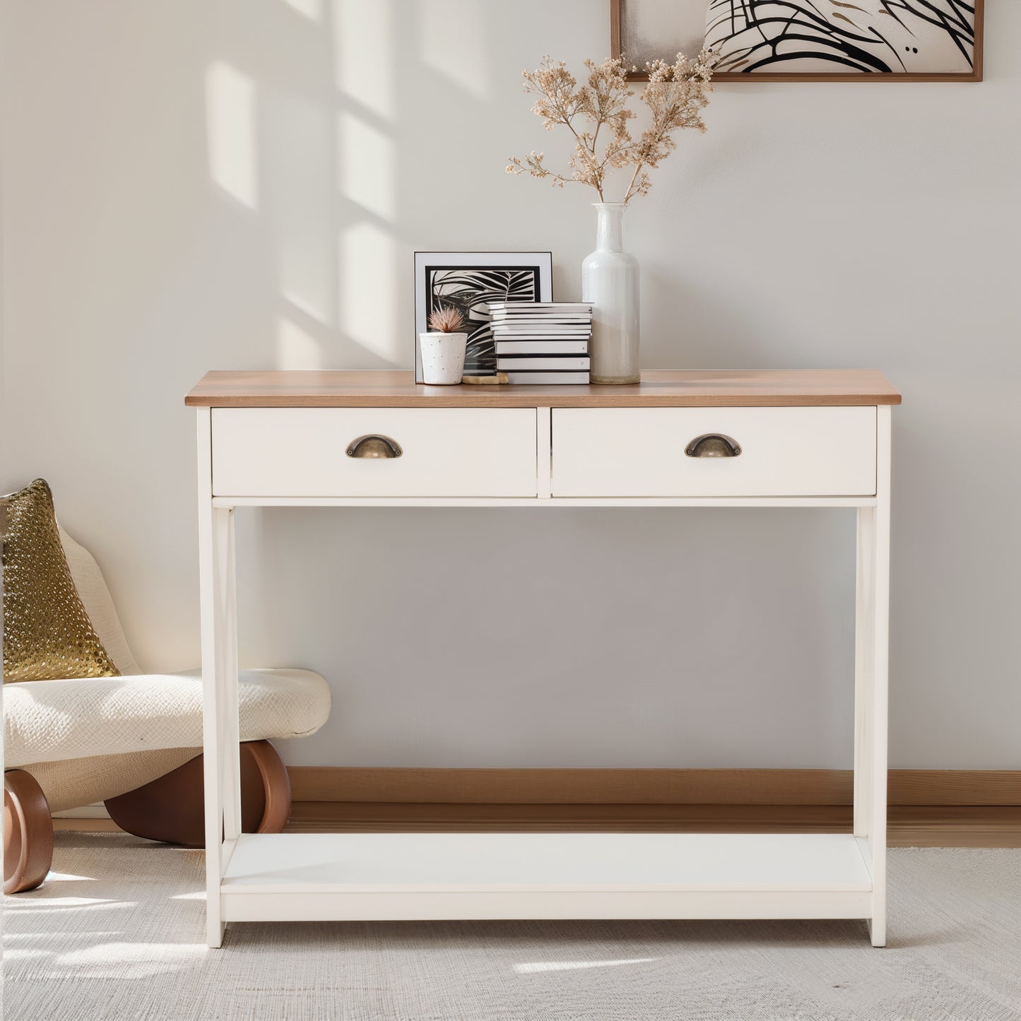 Captiva Designs Farmhouse Console Table with Shelf or Drawers, Narrow 2-Tier Entryway or Hallway Table, Ivory Finish