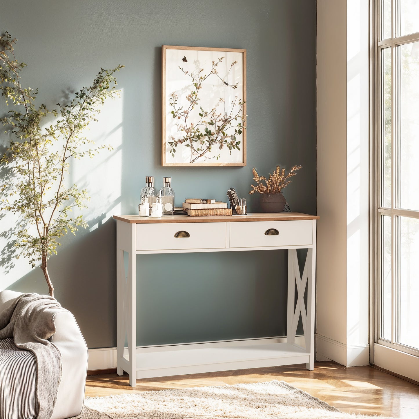 Captiva Designs Farmhouse Console Table with Shelf or Drawers, Narrow 2-Tier Entryway or Hallway Table, Ivory Finish