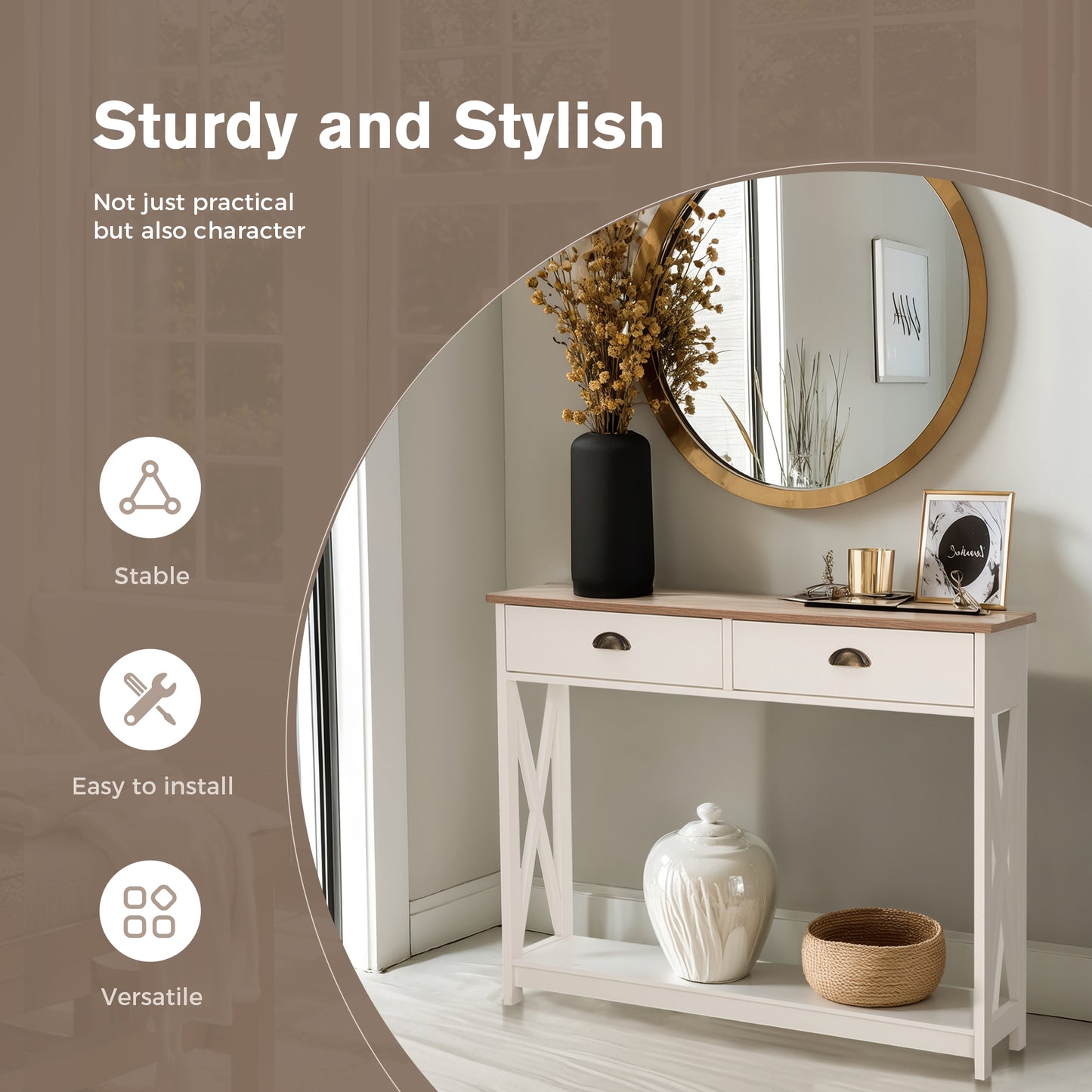 Captiva Designs Farmhouse Console Table with Shelf or Drawers, Narrow 2-Tier Entryway or Hallway Table, Ivory Finish