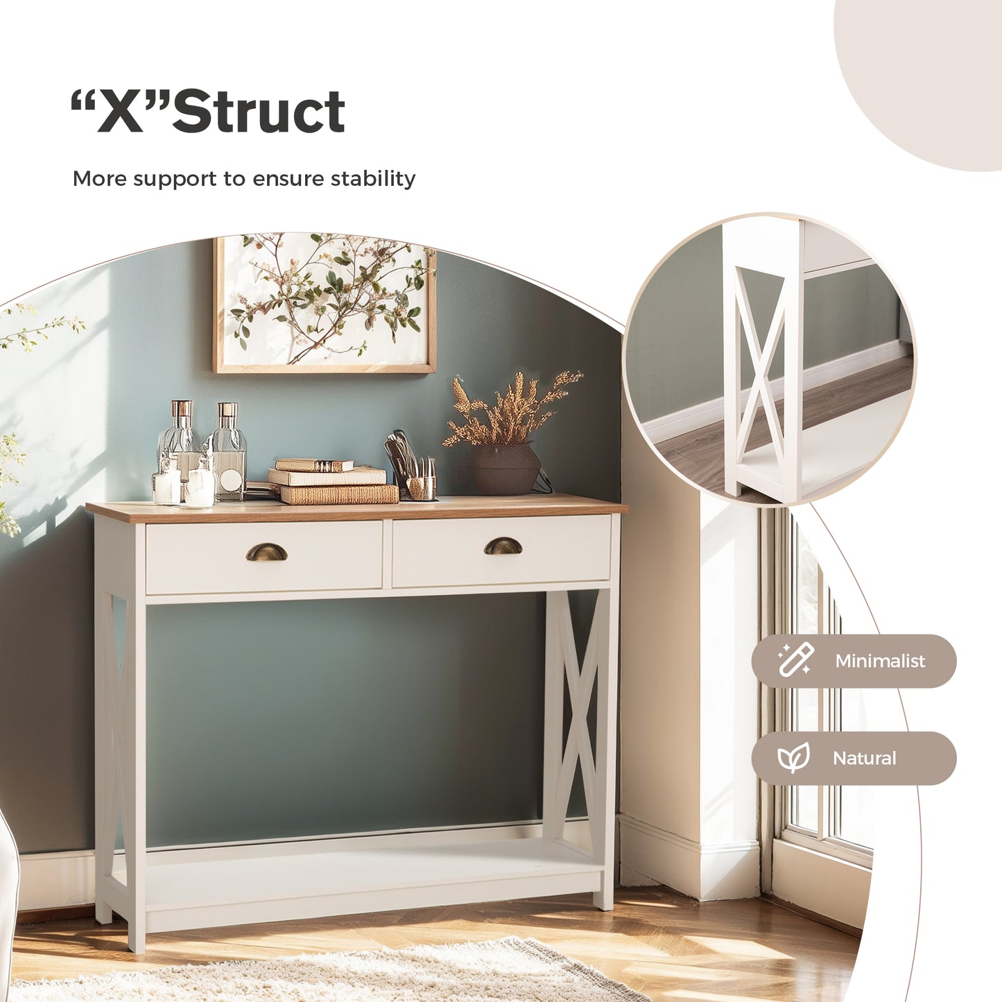 Captiva Designs Farmhouse Console Table with Shelf or Drawers, Narrow 2-Tier Entryway or Hallway Table, Ivory Finish