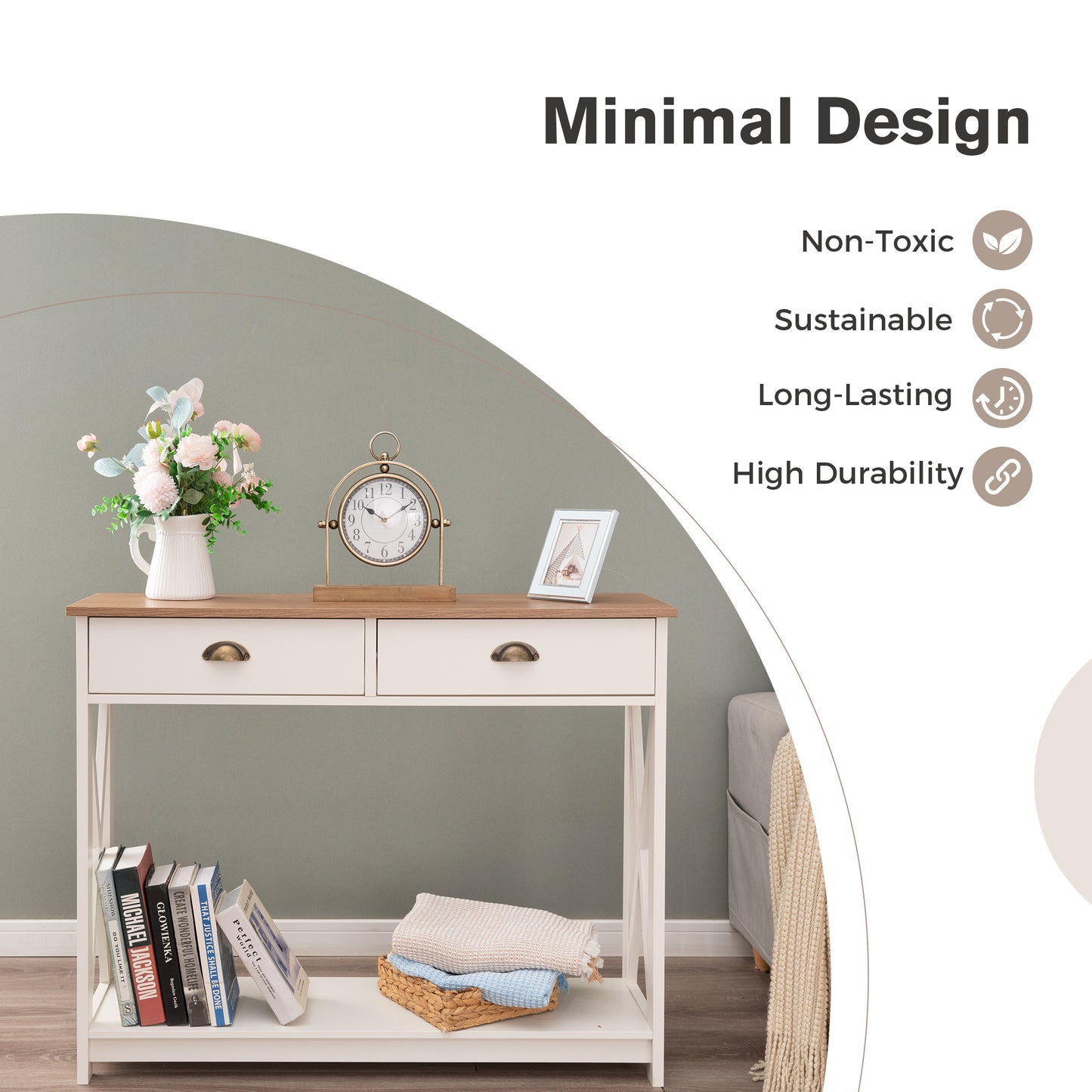 Captiva Designs Farmhouse Console Table with Shelf or Drawers, Narrow 2-Tier Entryway or Hallway Table, Ivory Finish