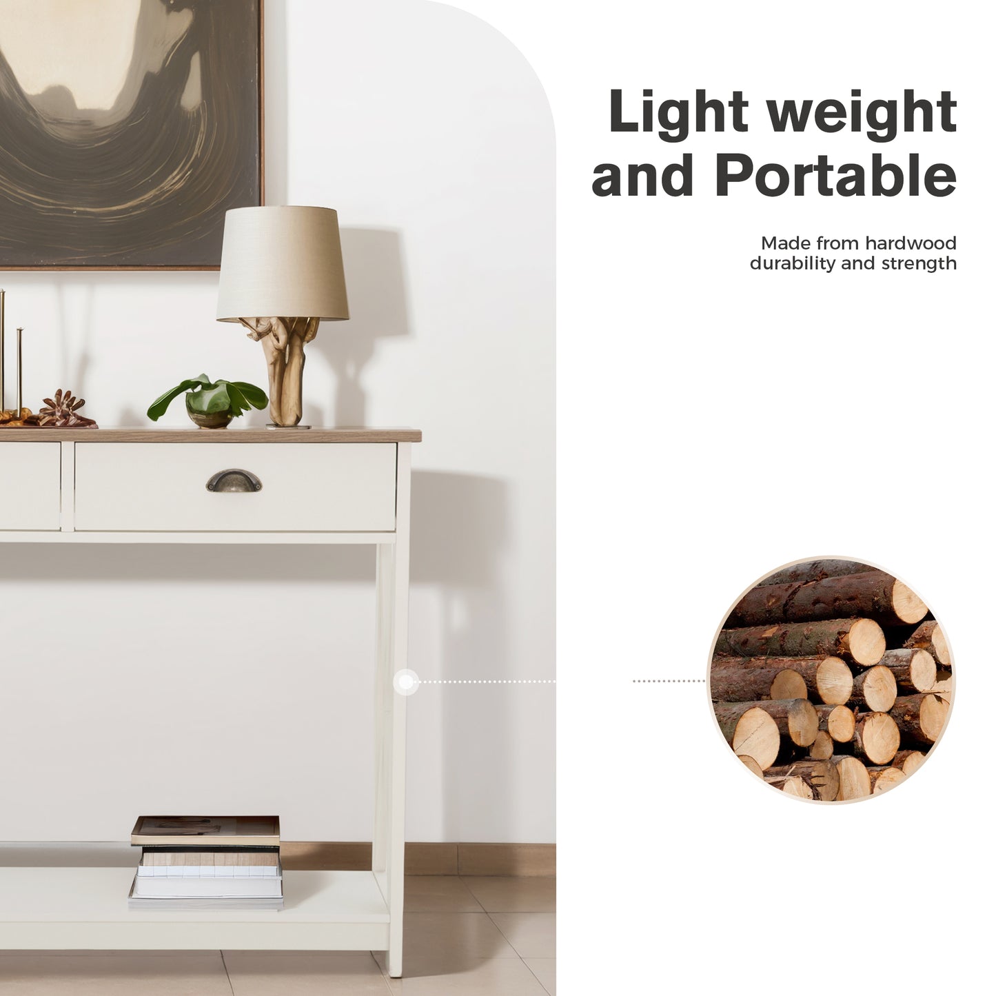 Captiva Designs Farmhouse Console Table with Shelf or Drawers, Narrow 2-Tier Entryway or Hallway Table, Ivory Finish