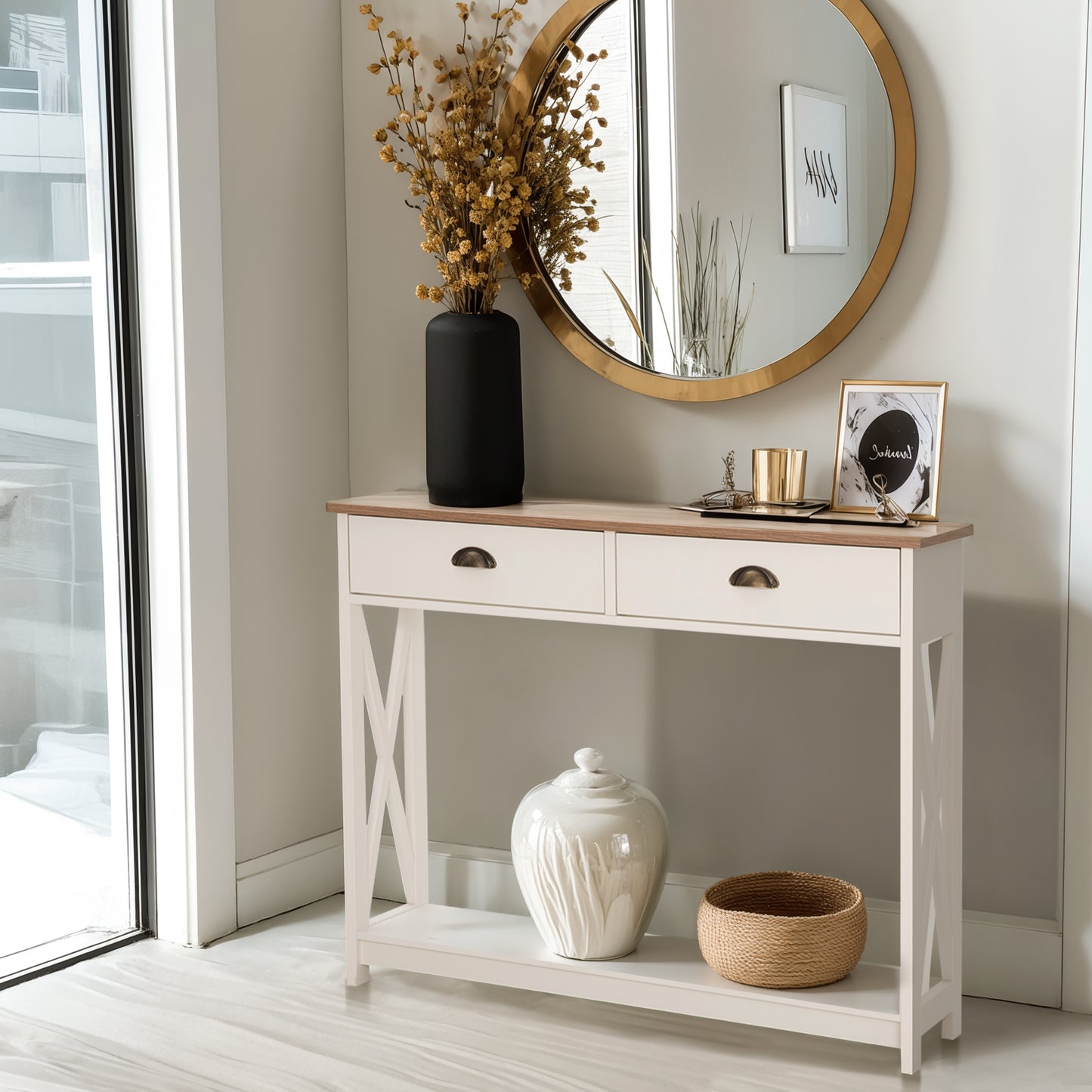 Captiva Designs Farmhouse Console Table with Shelf or Drawers, Narrow 2-Tier Entryway or Hallway Table, Ivory Finish