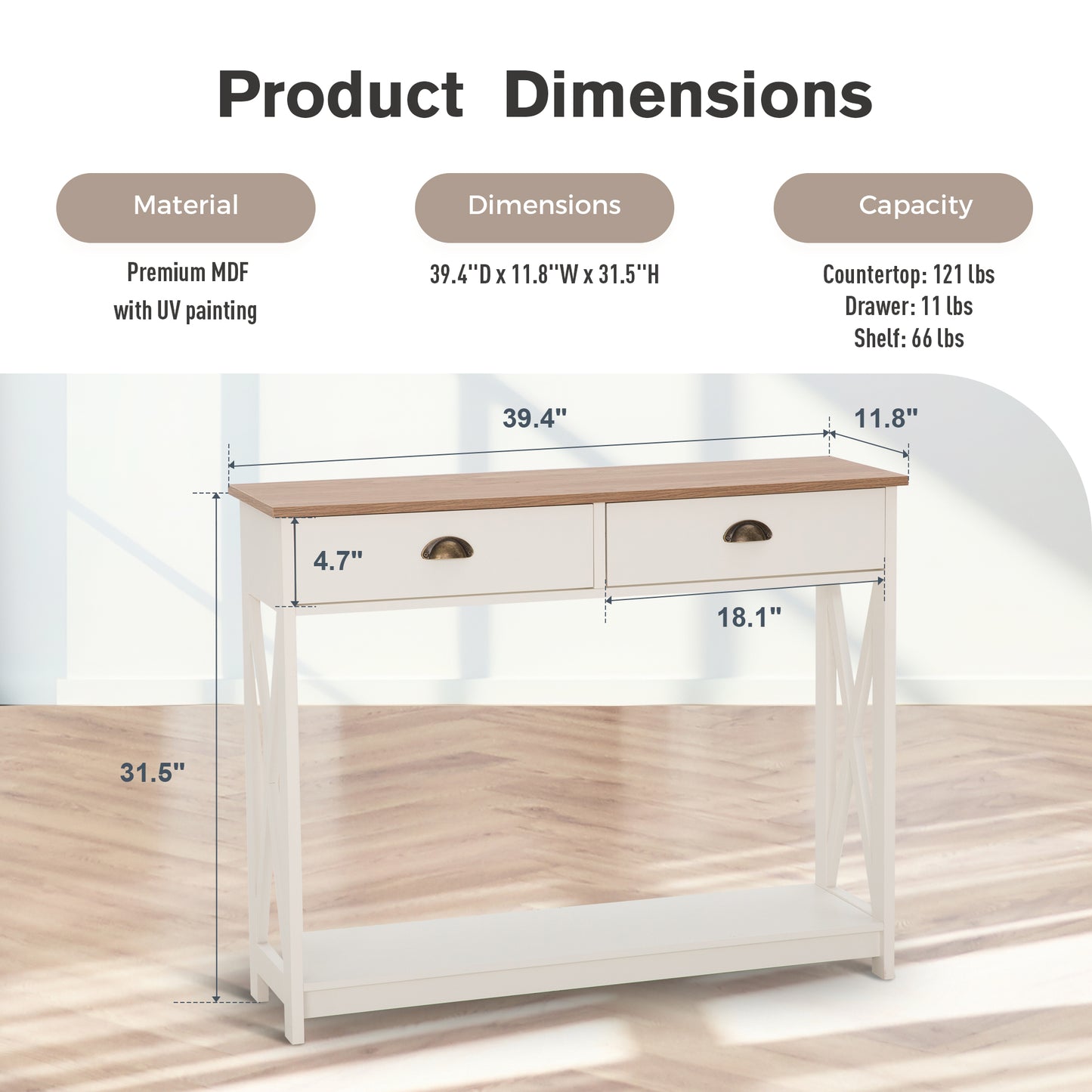 Captiva Designs Farmhouse Console Table with Shelf or Drawers, Narrow 2-Tier Entryway or Hallway Table, Ivory Finish