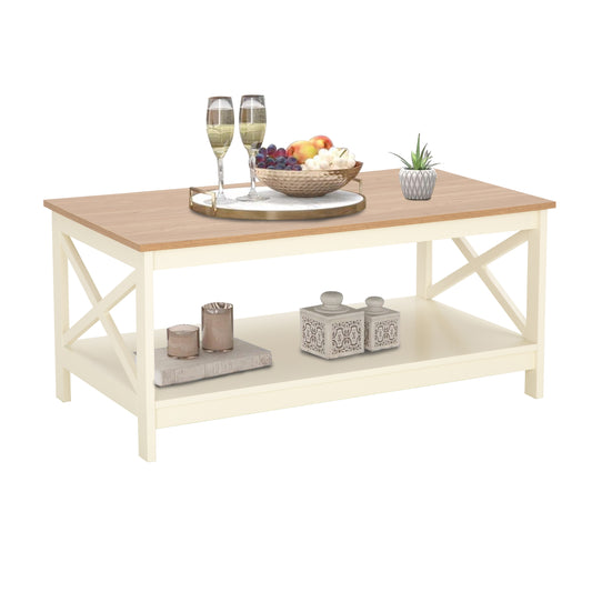 Captiva Designs Farmhouse Coffee Table with Storage Shelf for Living Room, 2-Tier Wooden Center Table with X-Shape Design, Ivory