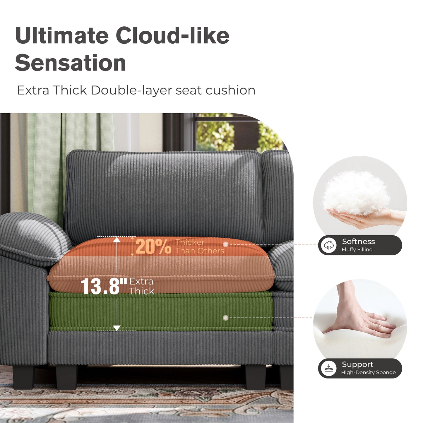 Captiva Designs Oversized Deep Seat Armchair, 1-Seater Upholstered Accent Chair, Comfy Corduroy Reading Chair