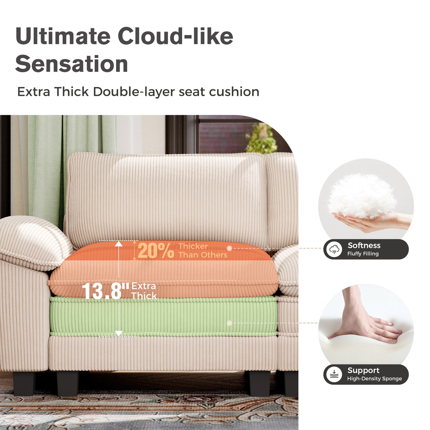 Captiva Designs Oversized Deep Seat Armchair, 1-Seater Upholstered Accent Chair, Comfy Corduroy Reading Chair