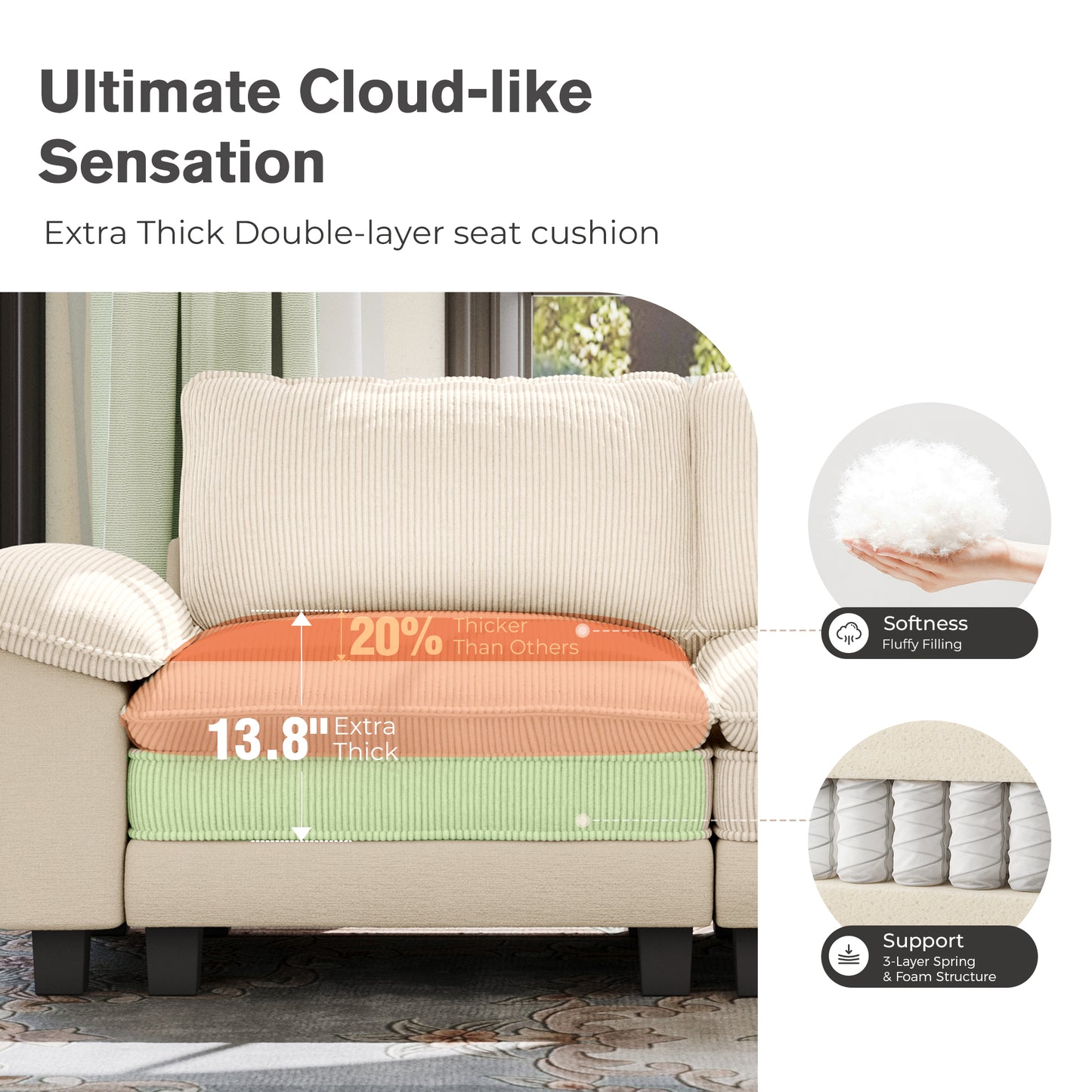 Captiva Designs Oversized Deep Seat Armchair, 1-Seater Upholstered Accent Chair, Comfy Corduroy Reading Chair