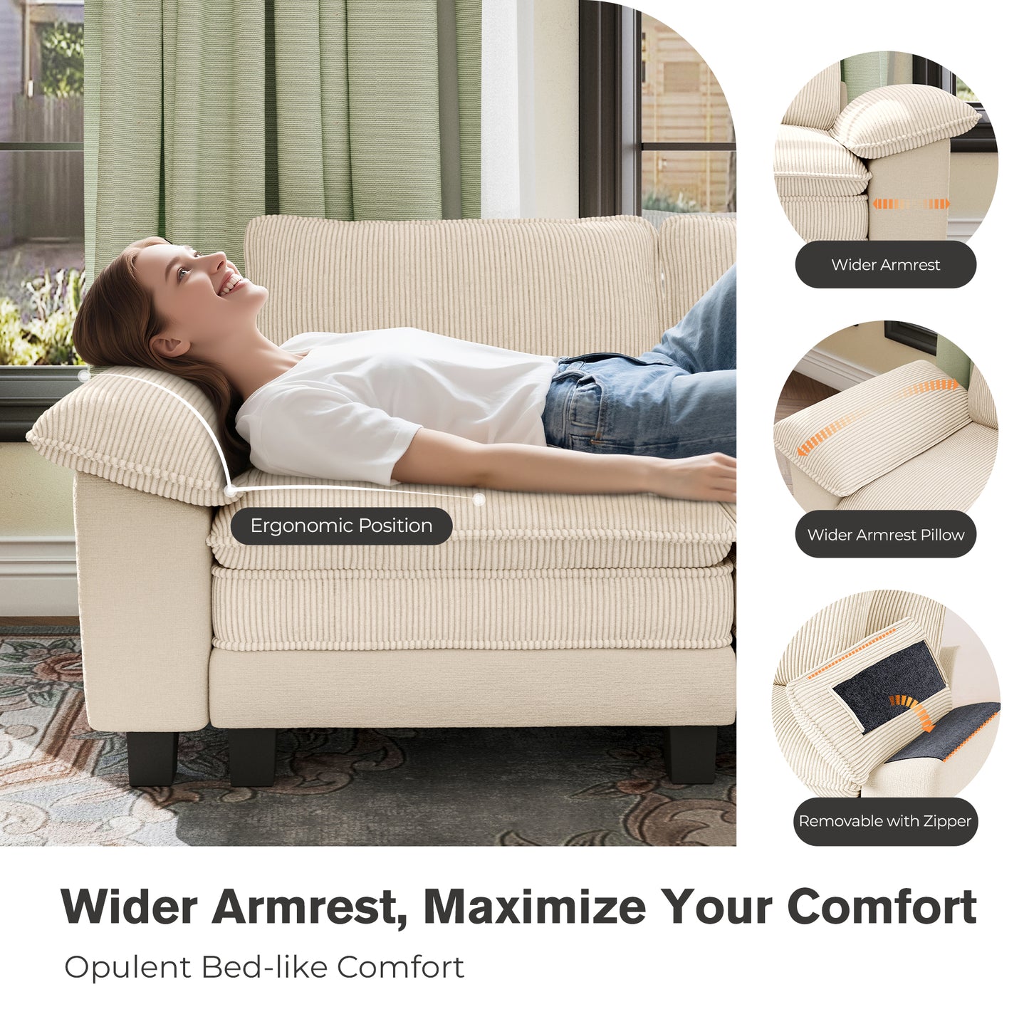 Captiva Designs Oversized Deep Seat Armchair, 1-Seater Upholstered Accent Chair, Comfy Corduroy Reading Chair