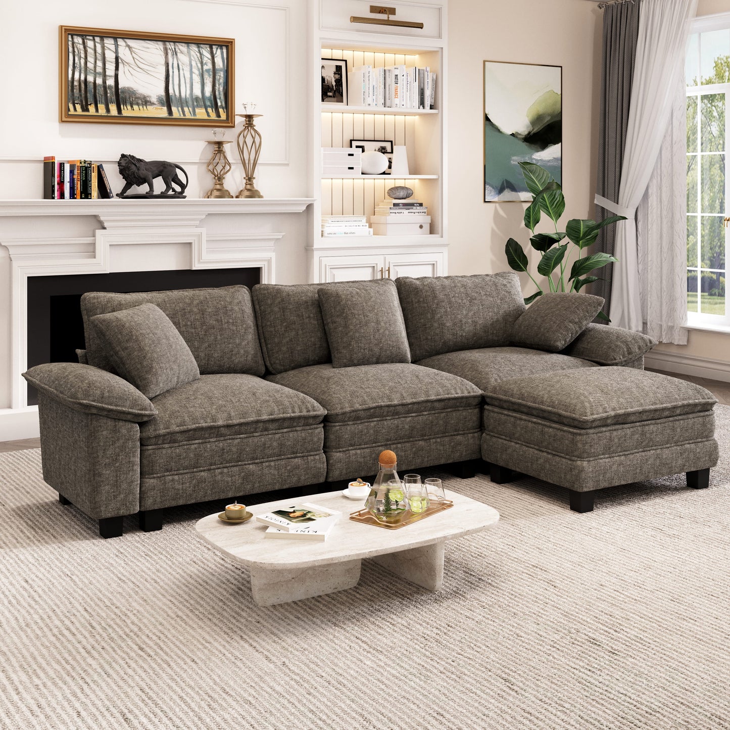 Captiva Designs Cloud Modular 4-Seater Sectional Sofa with L-Shaped Chaise and Movable Ottoman, Living Room Couch