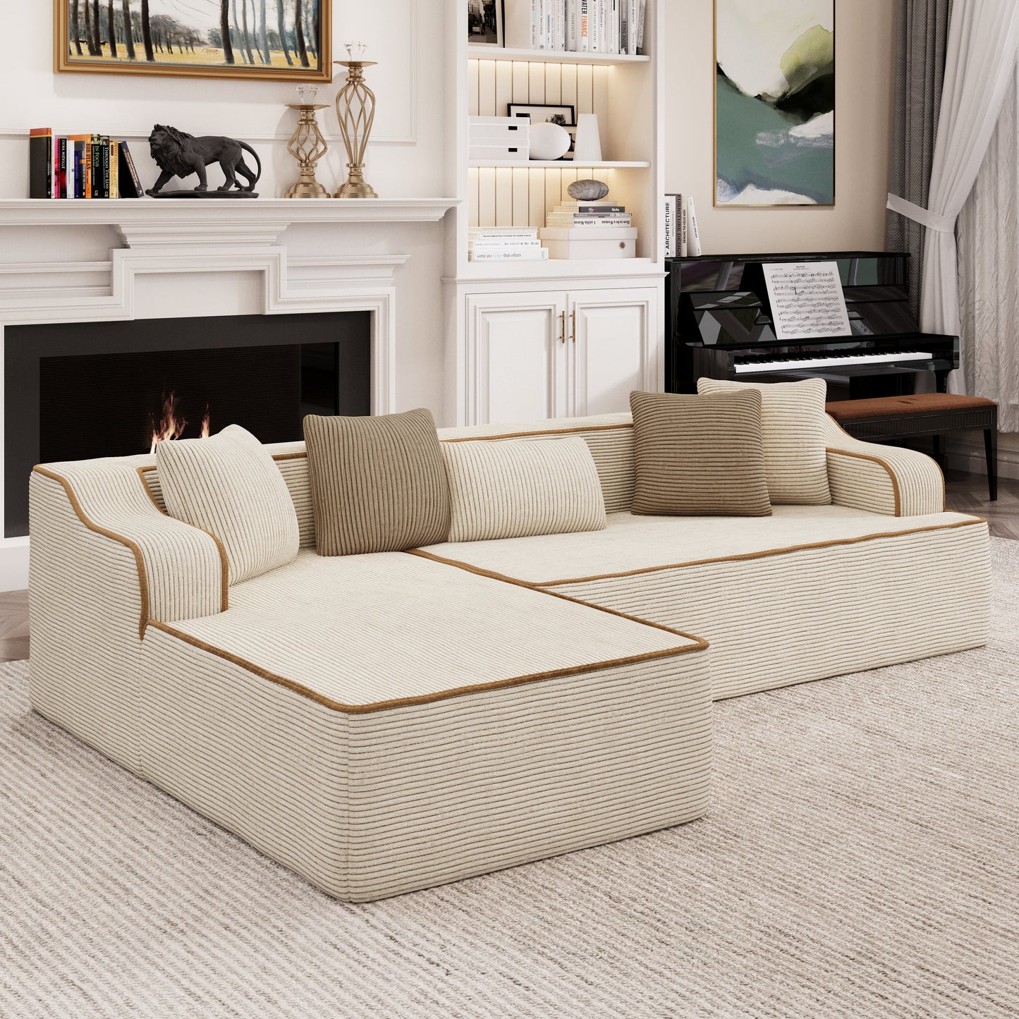 Captiva Designs 124" L-Shaped Sectional Sofa with Ottoman and 3 Pillows, 4-Seater Modular Cloud Couch for Living Room, Corduroy Fabric