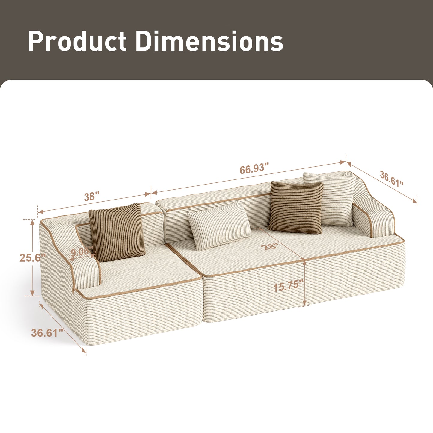 Captiva Designs 124" L-Shaped Sectional Sofa with Ottoman and 3 Pillows, 4-Seater Modular Cloud Couch for Living Room, Corduroy Fabric