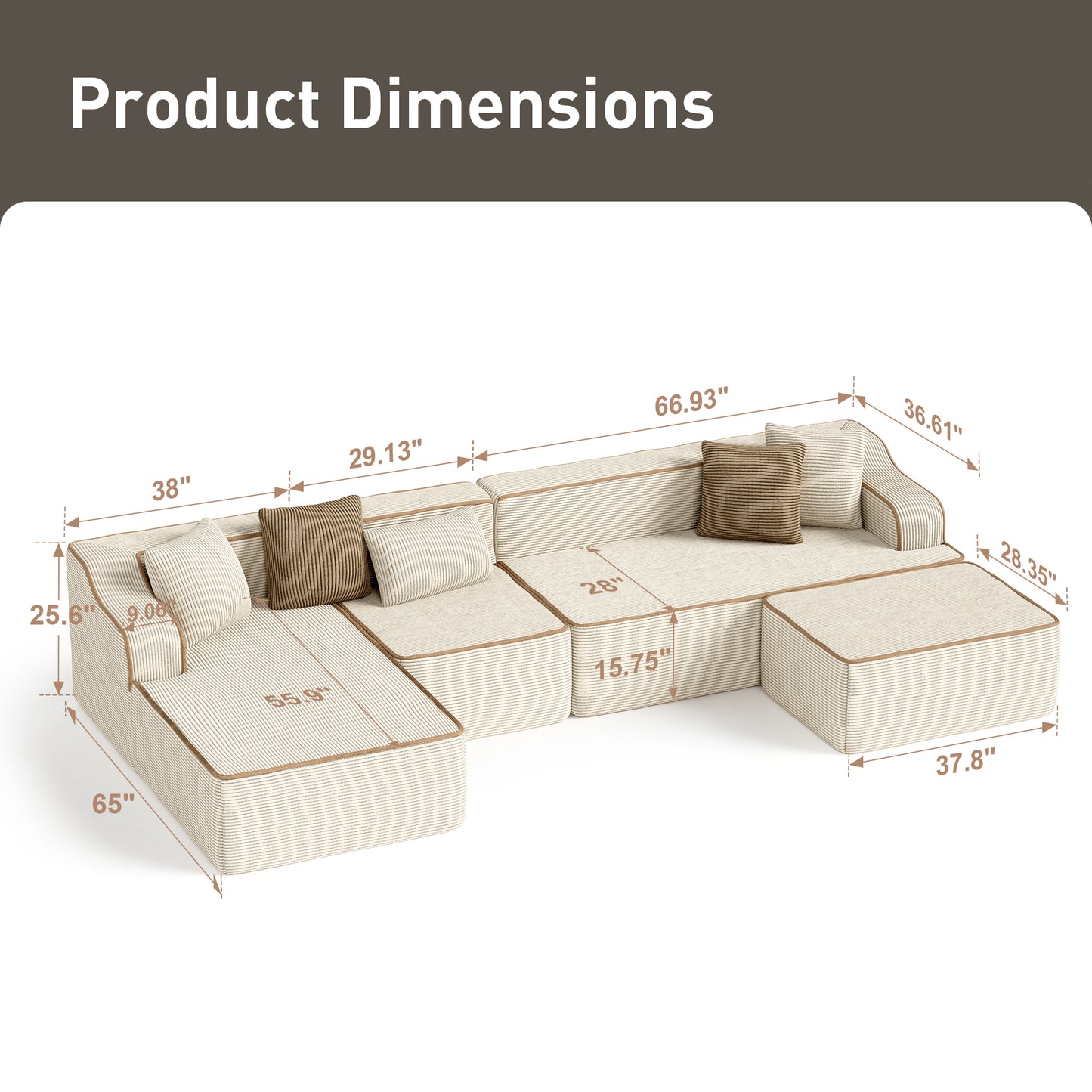 Captiva Designs 124" L-Shaped Sectional Sofa with Ottoman and 3 Pillows, 4-Seater Modular Cloud Couch for Living Room, Corduroy Fabric