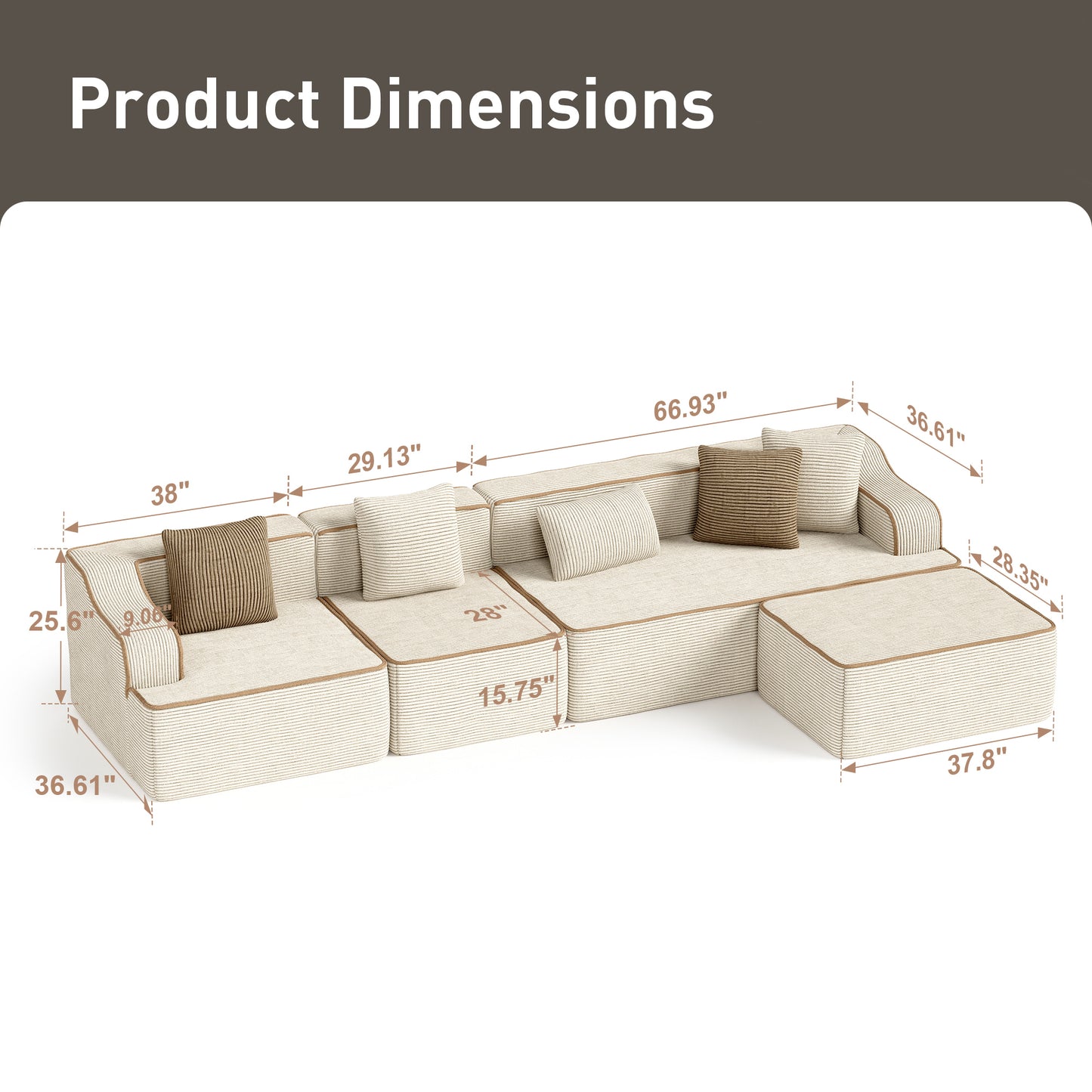 Captiva Designs 124" L-Shaped Sectional Sofa with Ottoman and 3 Pillows, 4-Seater Modular Cloud Couch for Living Room, Corduroy Fabric