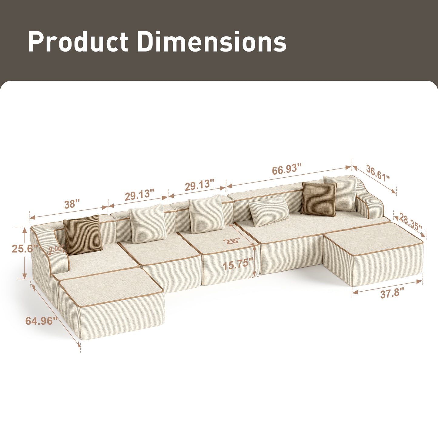 Captiva Designs 124" L-Shaped Sectional Sofa with Ottoman and 3 Pillows, 4-Seater Modular Cloud Couch for Living Room, Corduroy Fabric