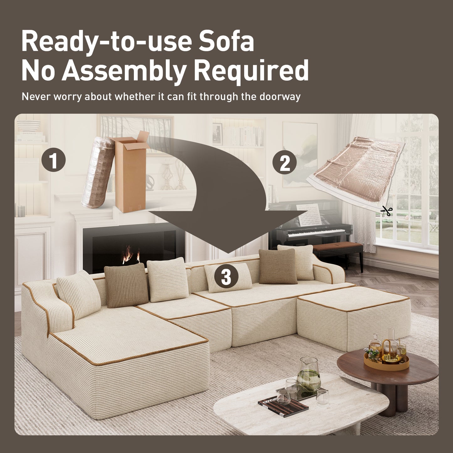 Captiva Designs 124" L-Shaped Sectional Sofa with Ottoman and 3 Pillows, 4-Seater Modular Cloud Couch for Living Room, Corduroy Fabric