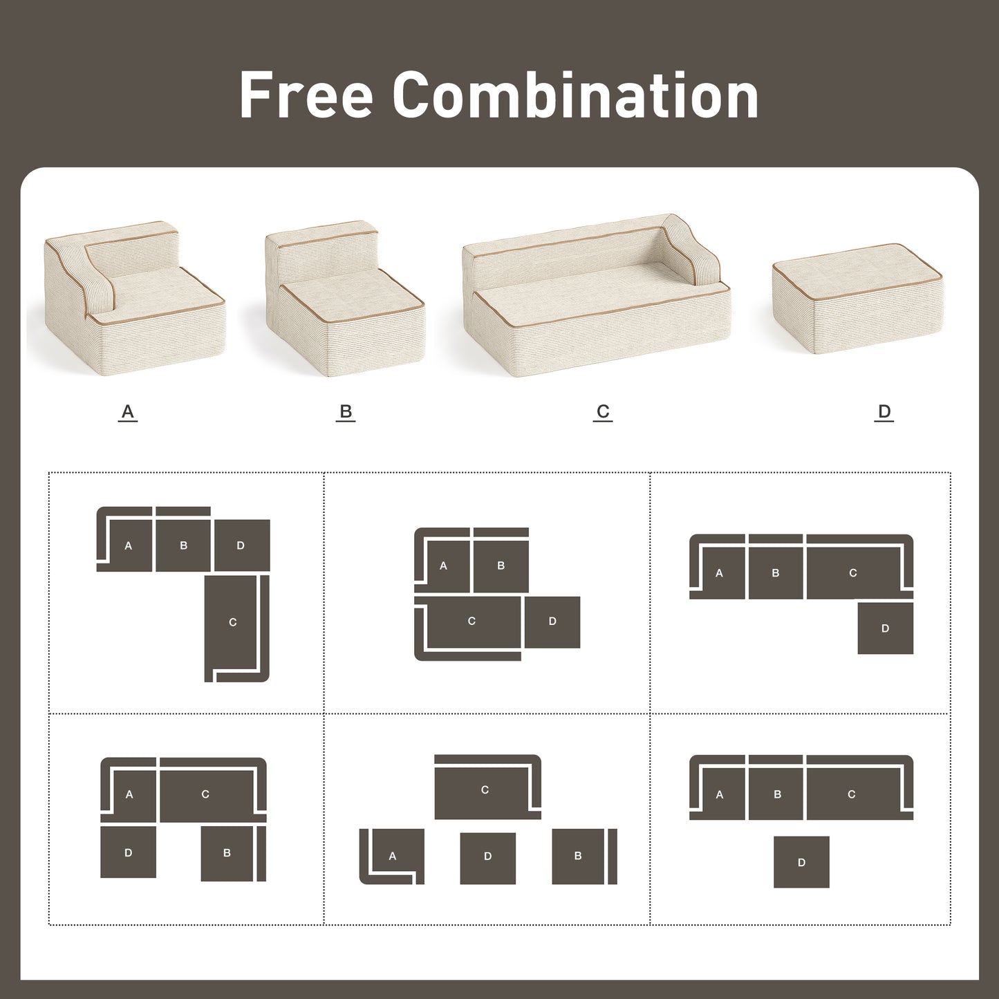 Captiva Designs 124" L-Shaped Sectional Sofa with Ottoman and 3 Pillows, 4-Seater Modular Cloud Couch for Living Room, Corduroy Fabric