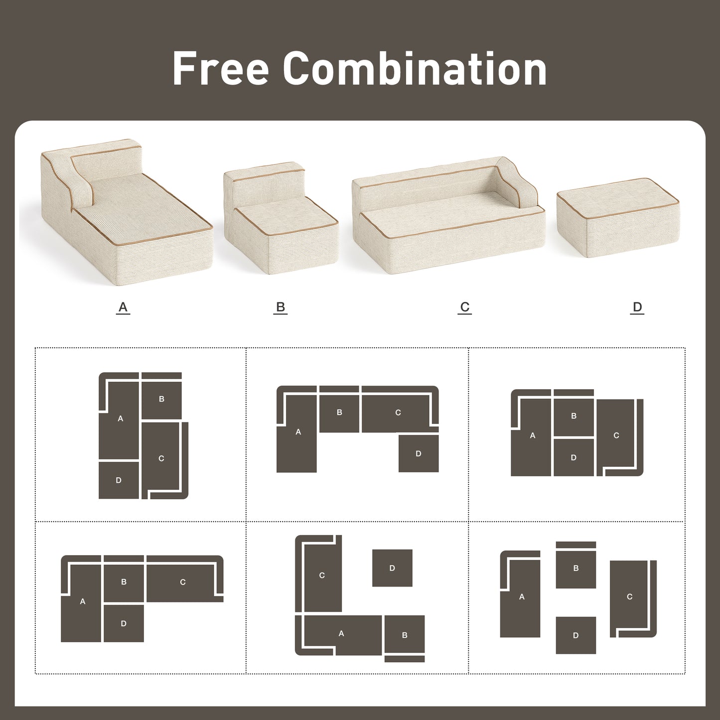 Captiva Designs 124" L-Shaped Sectional Sofa with Ottoman and 3 Pillows, 4-Seater Modular Cloud Couch for Living Room, Corduroy Fabric
