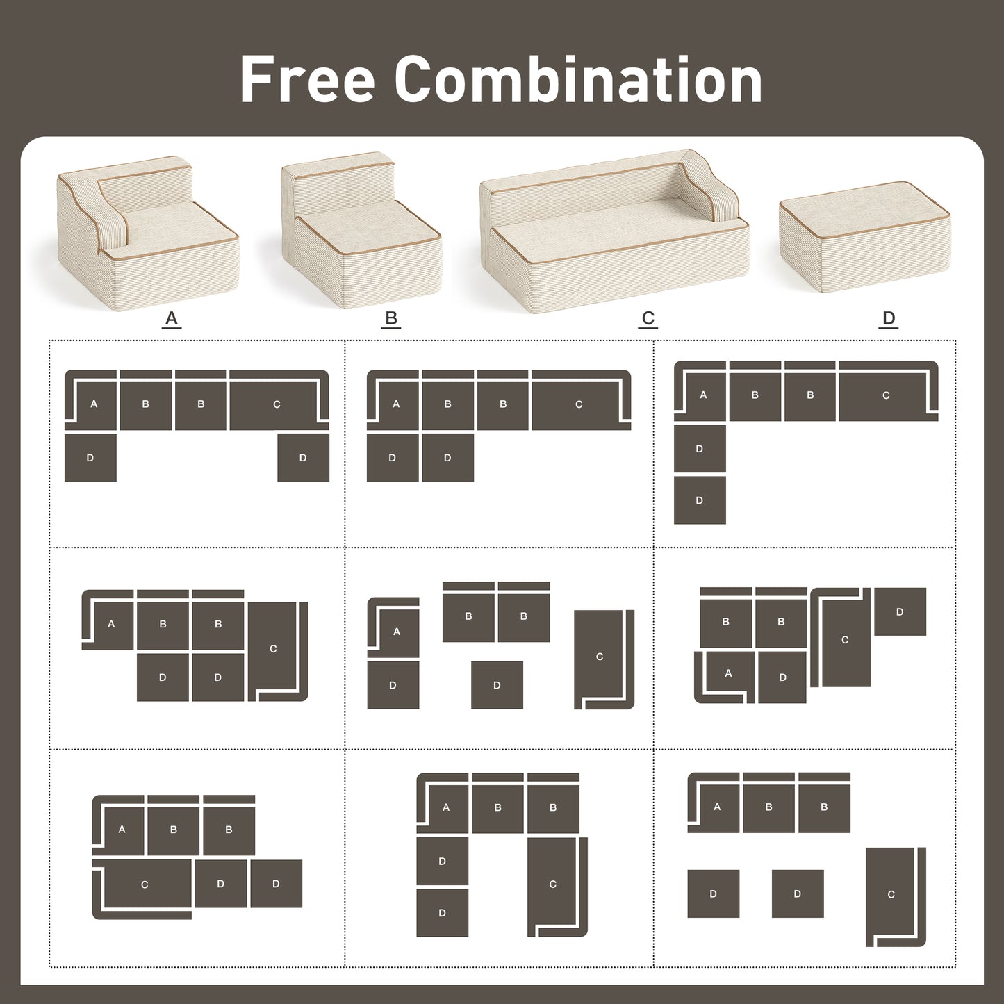 Captiva Designs 124" L-Shaped Sectional Sofa with Ottoman and 3 Pillows, 4-Seater Modular Cloud Couch for Living Room, Corduroy Fabric