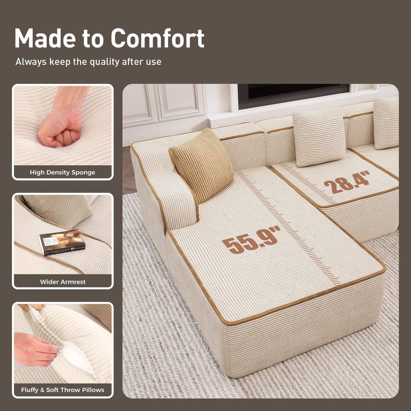 Captiva Designs 124" L-Shaped Sectional Sofa with Ottoman and 3 Pillows, 4-Seater Modular Cloud Couch for Living Room, Corduroy Fabric