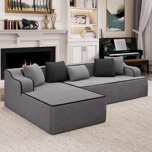 Captiva Designs 124" L-Shaped Sectional Sofa with Ottoman and 3 Pillows, 4-Seater Modular Cloud Couch for Living Room, Corduroy Fabric