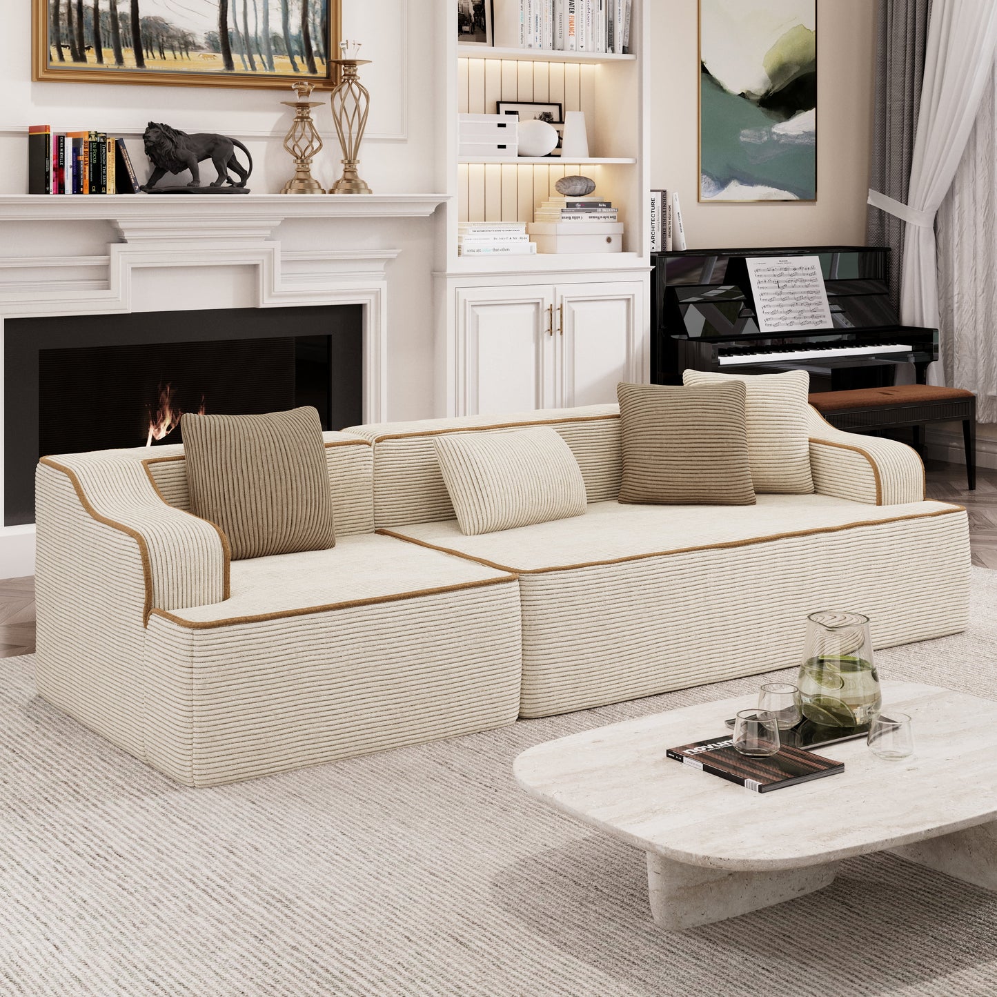 Captiva Designs 124" L-Shaped Sectional Sofa with Ottoman and 3 Pillows, 4-Seater Modular Cloud Couch for Living Room, Corduroy Fabric