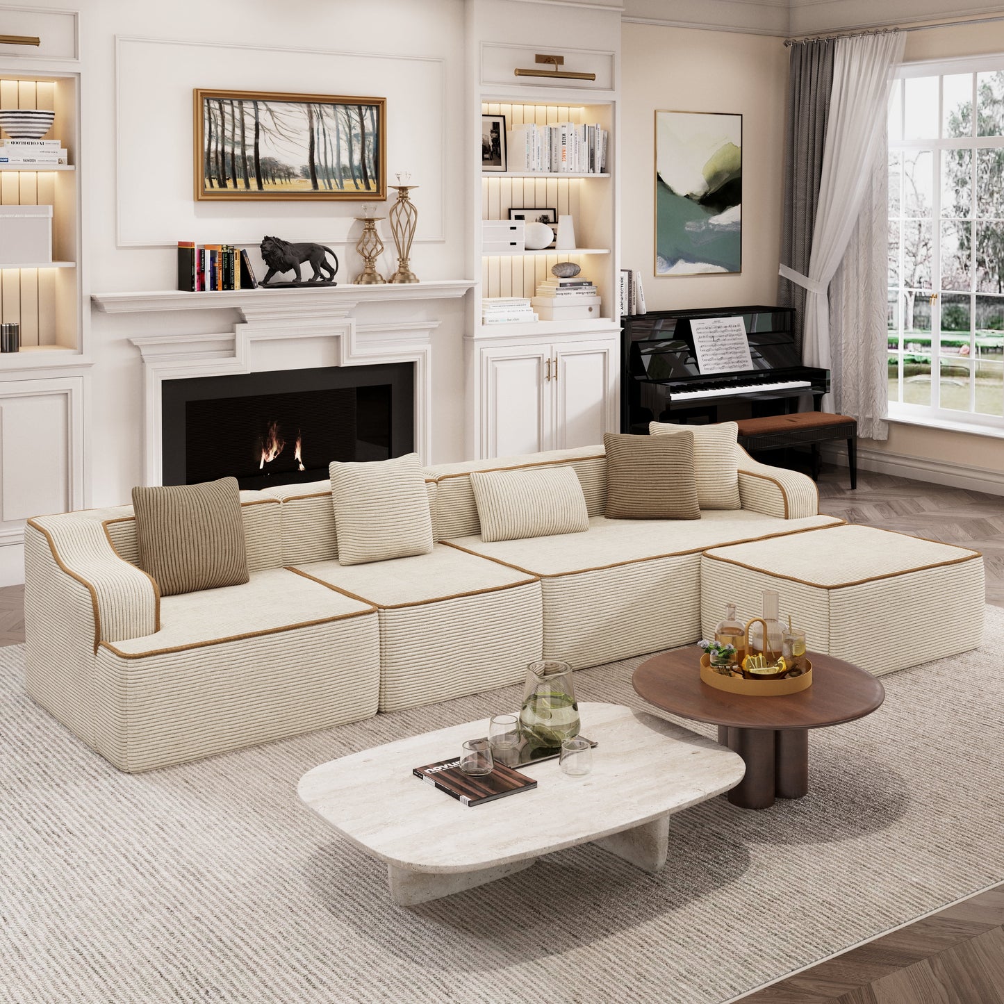 Captiva Designs 124" L-Shaped Sectional Sofa with Ottoman and 3 Pillows, 4-Seater Modular Cloud Couch for Living Room, Corduroy Fabric