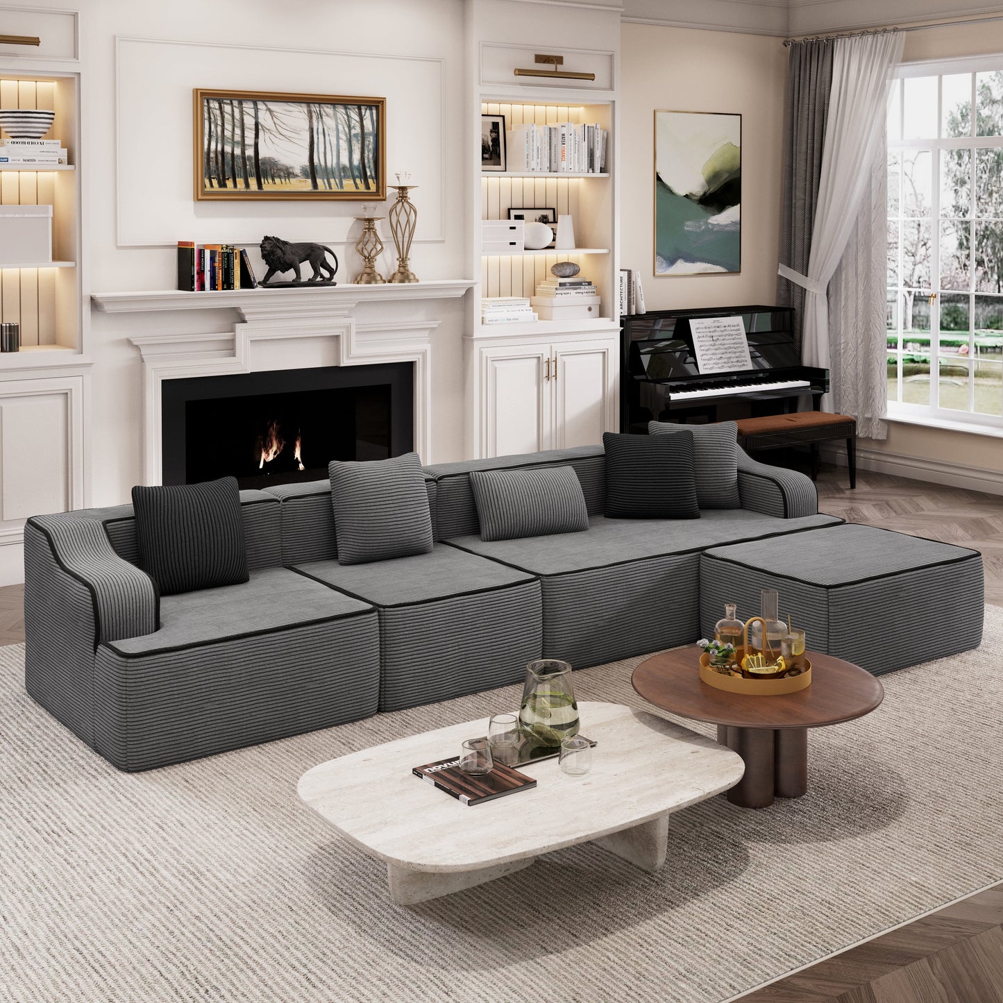 Captiva Designs 124" L-Shaped Sectional Sofa with Ottoman and 3 Pillows, 4-Seater Modular Cloud Couch for Living Room, Corduroy Fabric