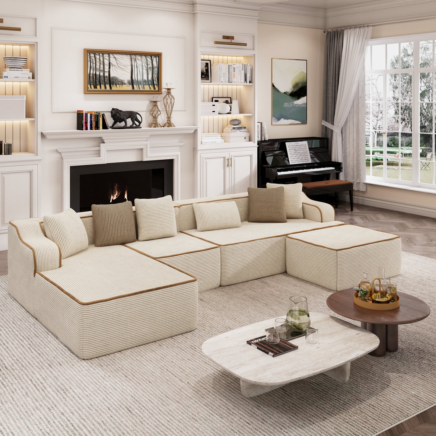 Captiva Designs 124" L-Shaped Sectional Sofa with Ottoman and 3 Pillows, 4-Seater Modular Cloud Couch for Living Room, Corduroy Fabric