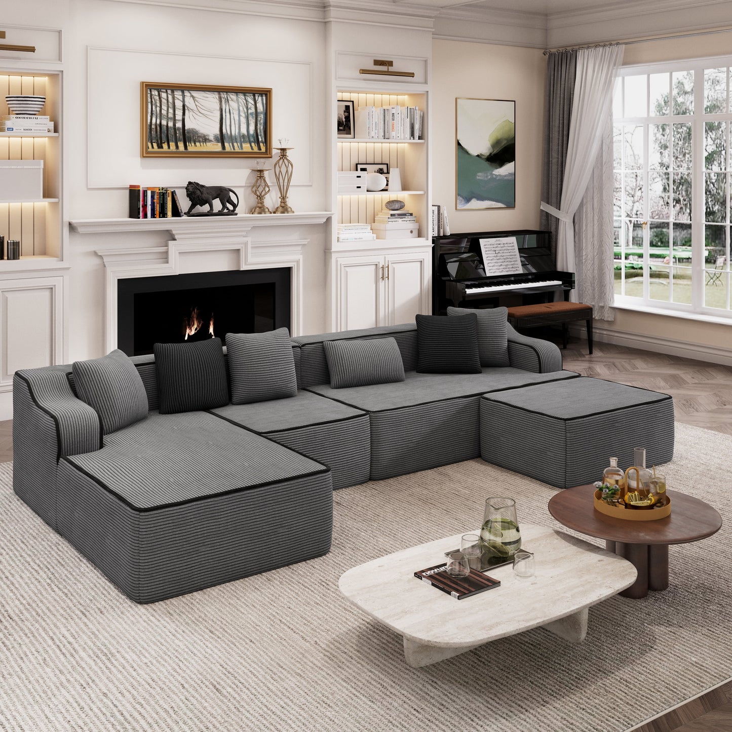 Captiva Designs 124" L-Shaped Sectional Sofa with Ottoman and 3 Pillows, 4-Seater Modular Cloud Couch for Living Room, Corduroy Fabric