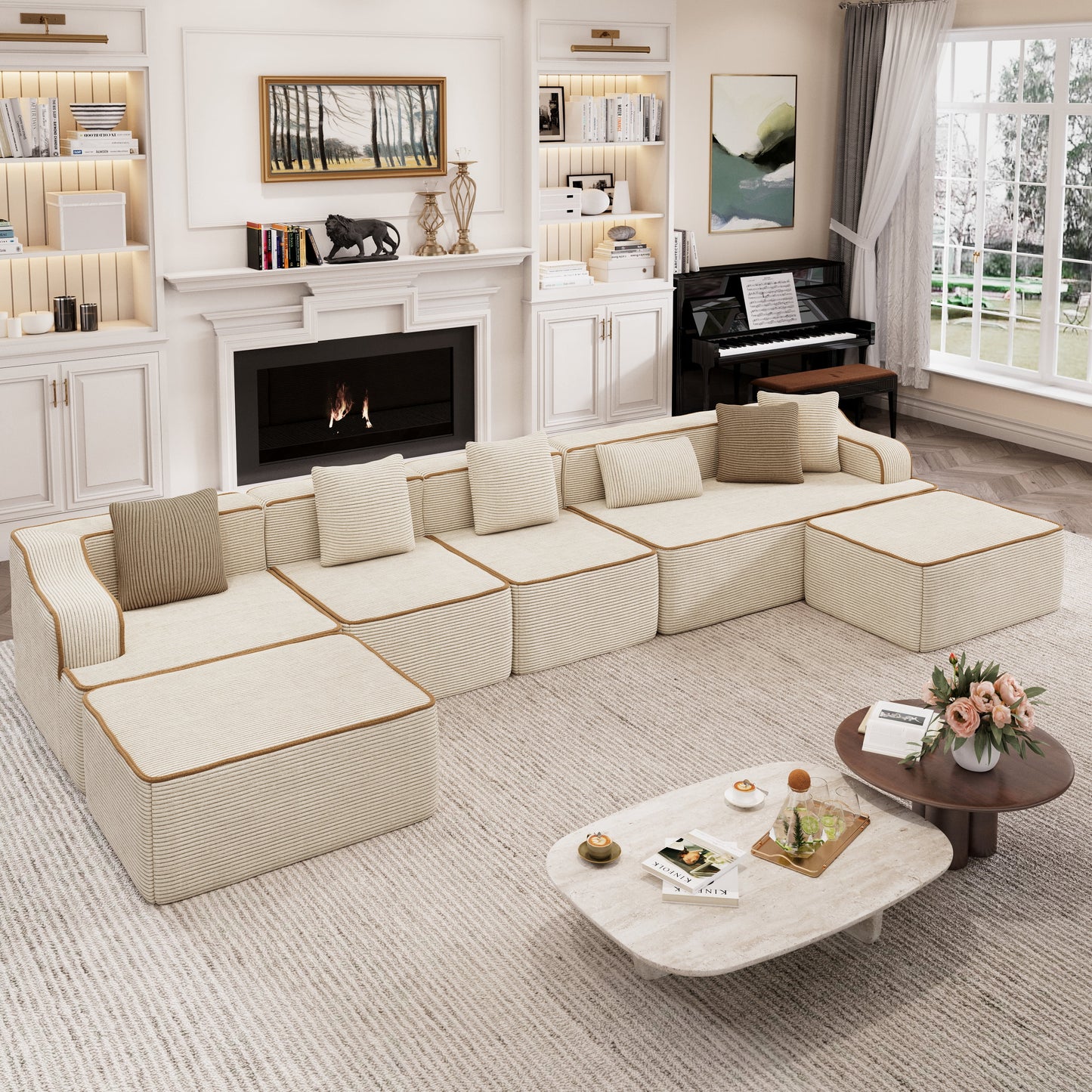 Captiva Designs 124" L-Shaped Sectional Sofa with Ottoman and 3 Pillows, 4-Seater Modular Cloud Couch for Living Room, Corduroy Fabric