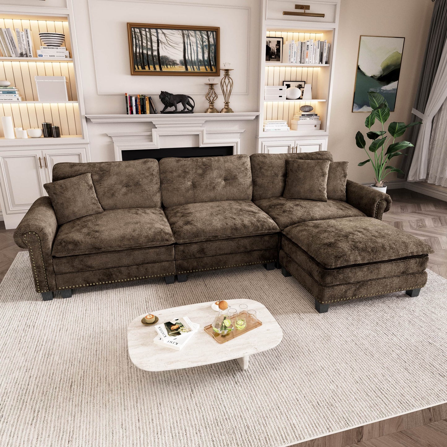 Captiva Designs Upholstered Indoor Sofa with Ottoman, Solid Wood Frame, Pocket Spring Seat & Throw Pillows