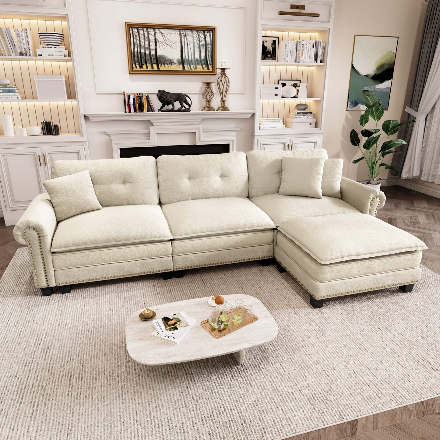 Captiva Designs Upholstered Indoor Sofa with Ottoman, Solid Wood Frame, Pocket Spring Seat & Throw Pillows