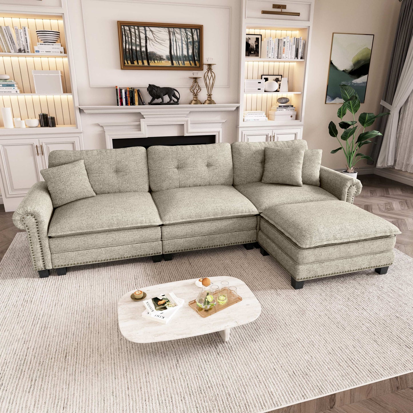 Captiva Designs Upholstered Indoor Sofa with Ottoman, Solid Wood Frame, Pocket Spring Seat & Throw Pillows