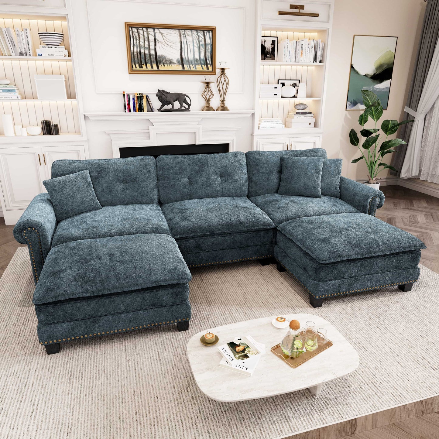Captiva Designs Upholstered Indoor Sofa with Ottoman, Solid Wood Frame, Pocket Spring Seat & Throw Pillows