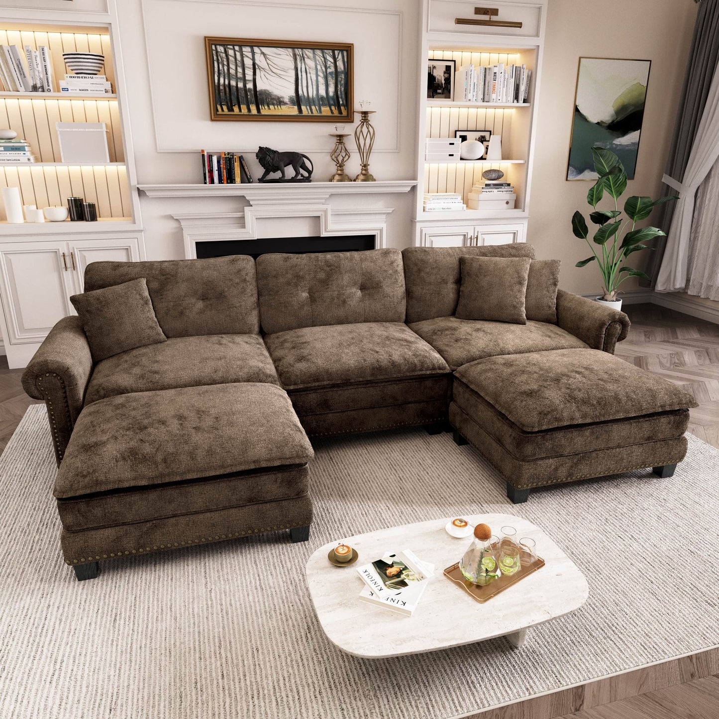 Captiva Designs Upholstered Indoor Sofa with Ottoman, Solid Wood Frame, Pocket Spring Seat & Throw Pillows