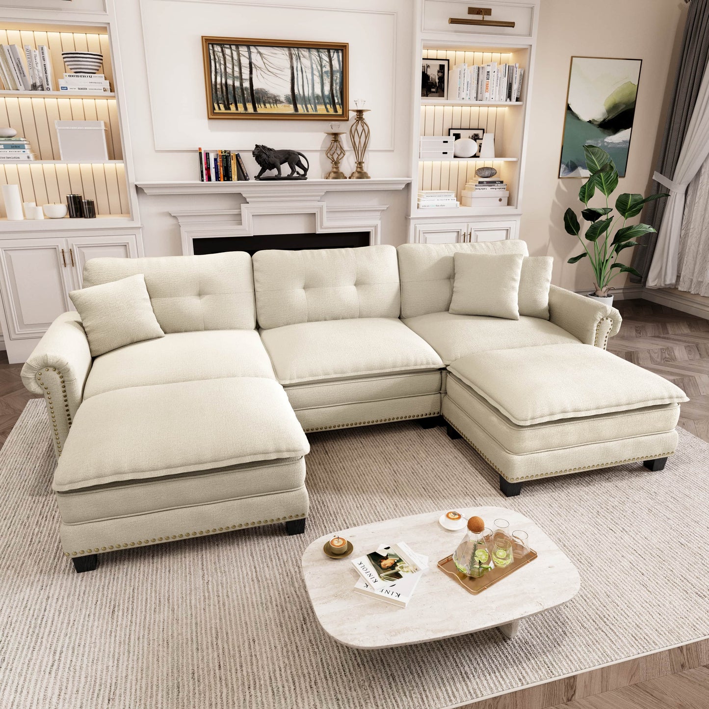 Captiva Designs Upholstered Indoor Sofa with Ottoman, Solid Wood Frame, Pocket Spring Seat & Throw Pillows