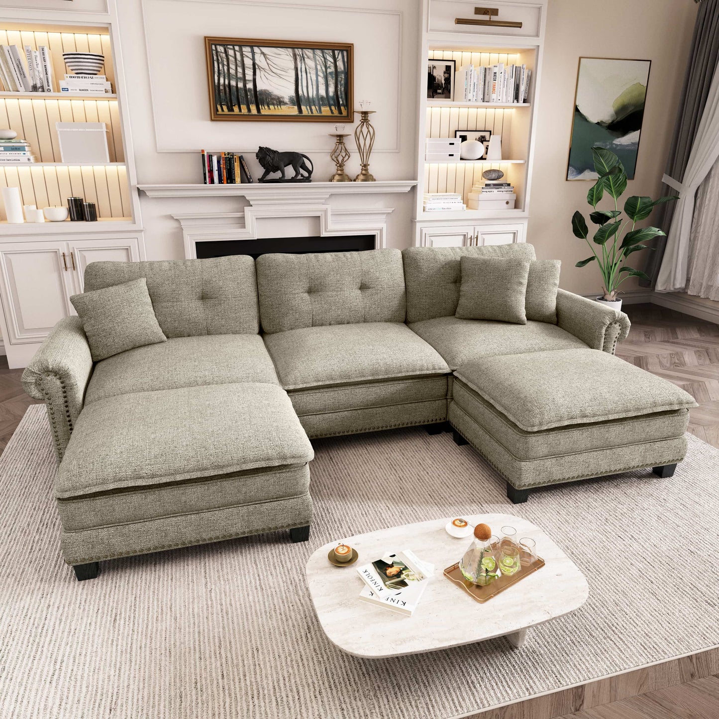 Captiva Designs Upholstered Indoor Sofa with Ottoman, Solid Wood Frame, Pocket Spring Seat & Throw Pillows