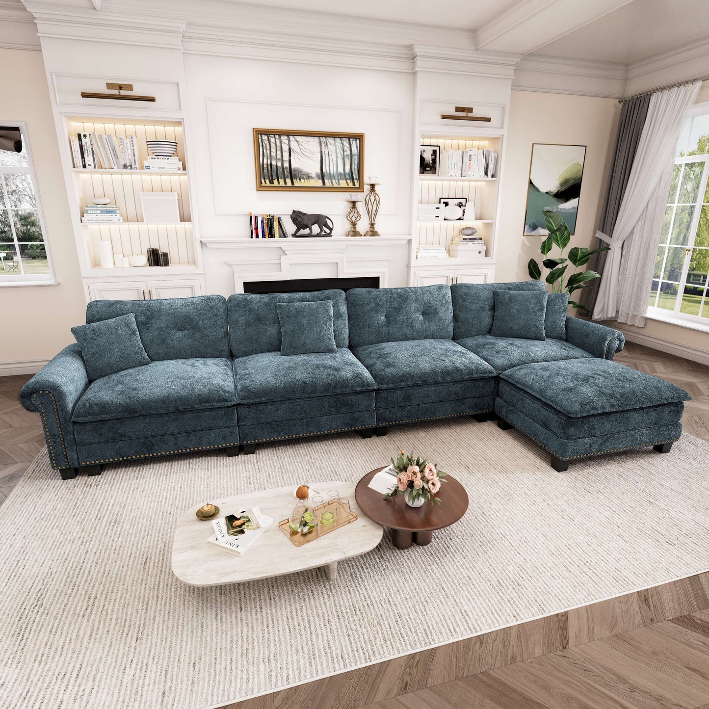 Captiva Designs Upholstered Indoor Sofa with Ottoman, Solid Wood Frame, Pocket Spring Seat & Throw Pillows
