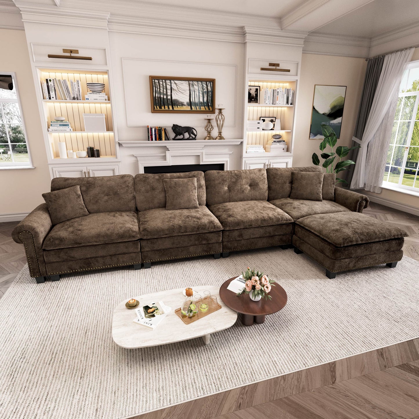 Captiva Designs Upholstered Indoor Sofa with Ottoman, Solid Wood Frame, Pocket Spring Seat & Throw Pillows