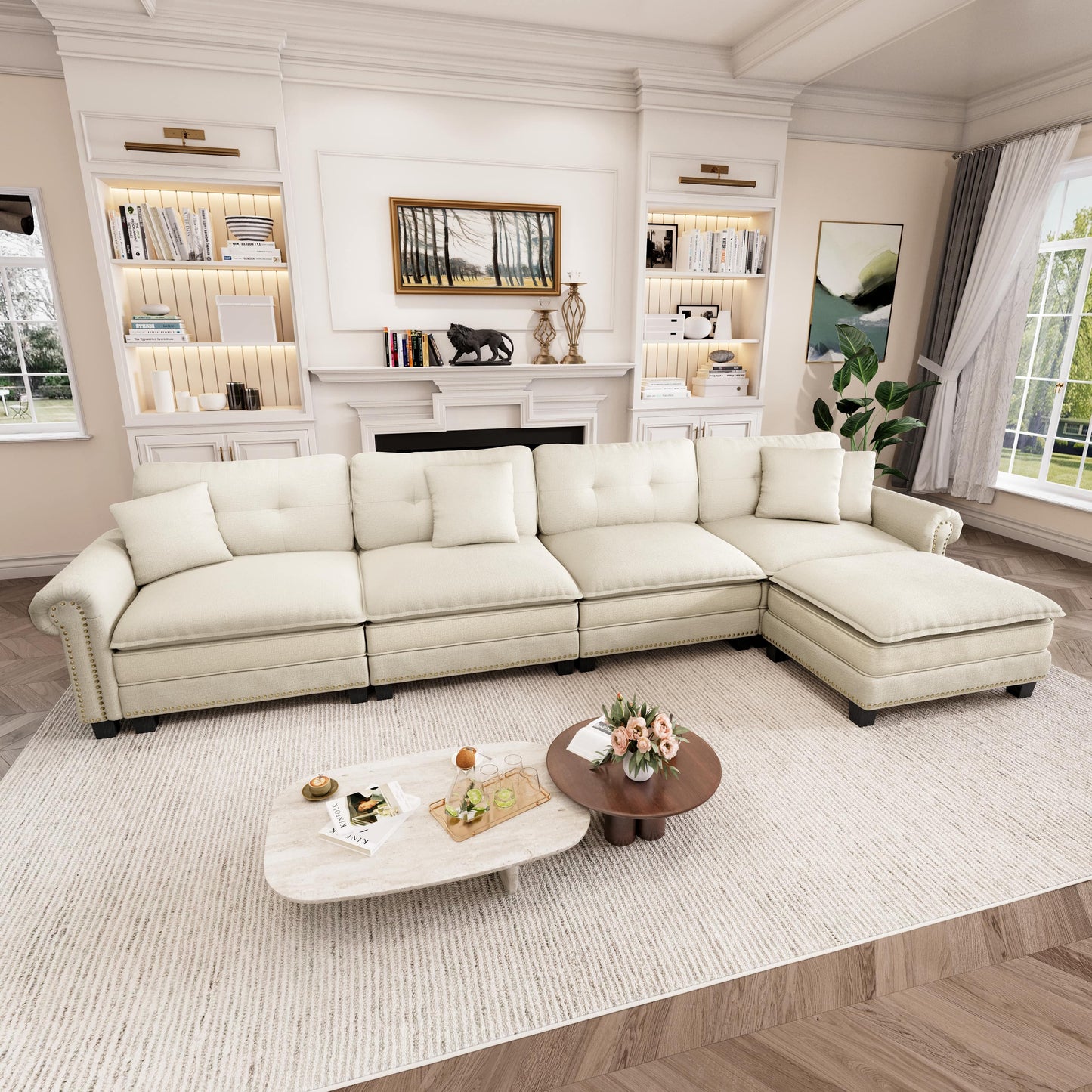 Captiva Designs Upholstered Indoor Sofa with Ottoman, Solid Wood Frame, Pocket Spring Seat & Throw Pillows