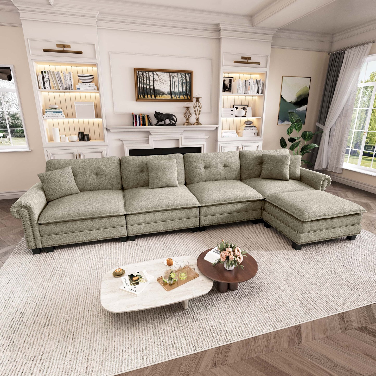 Captiva Designs Upholstered Indoor Sofa with Ottoman, Solid Wood Frame, Pocket Spring Seat & Throw Pillows
