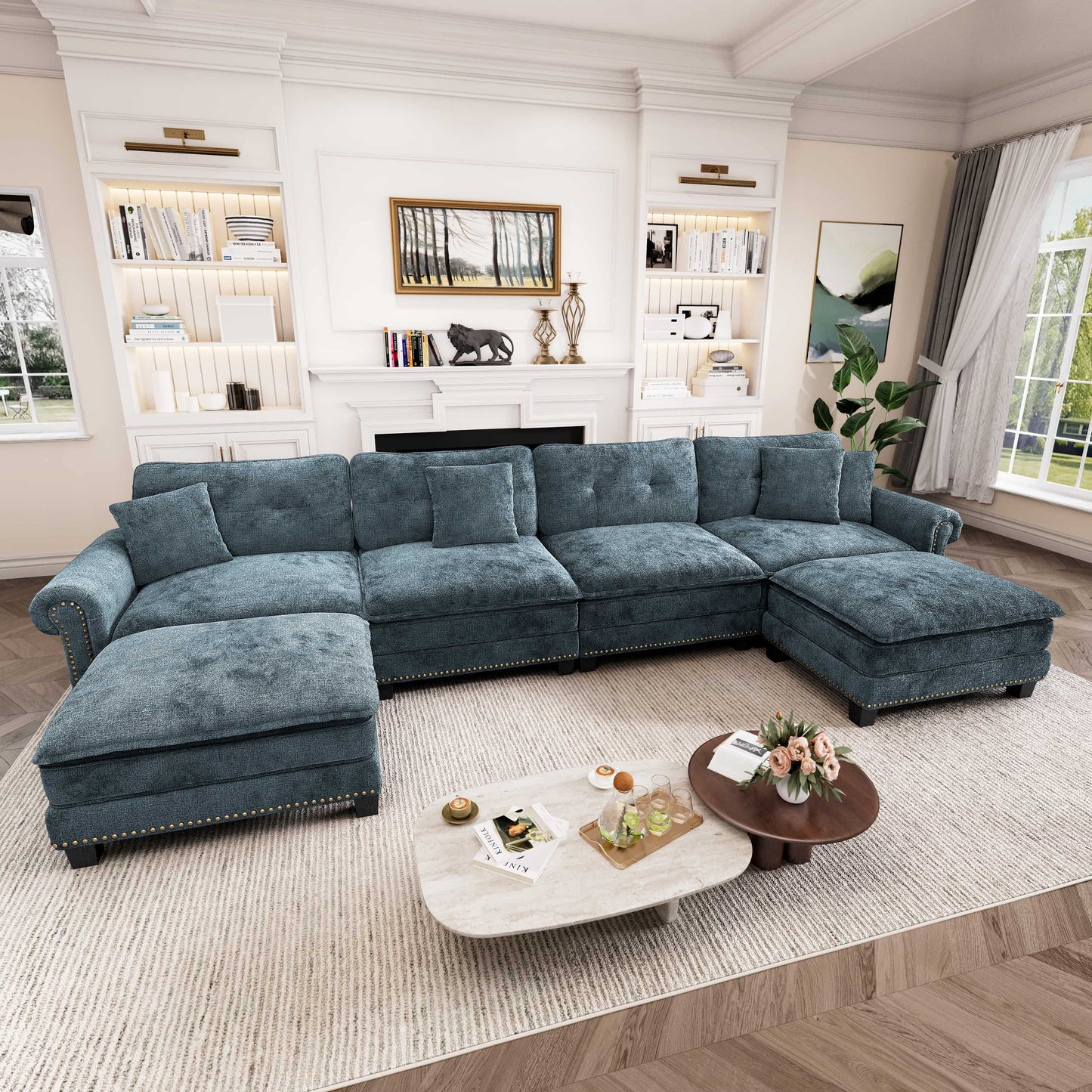 Captiva Designs Upholstered Indoor Sofa with Ottoman, Solid Wood Frame, Pocket Spring Seat & Throw Pillows