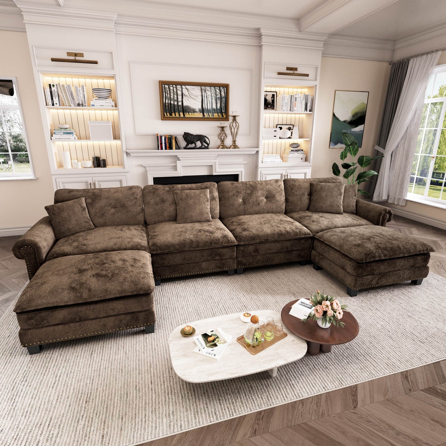 Captiva Designs Upholstered Indoor Sofa with Ottoman, Solid Wood Frame, Pocket Spring Seat & Throw Pillows