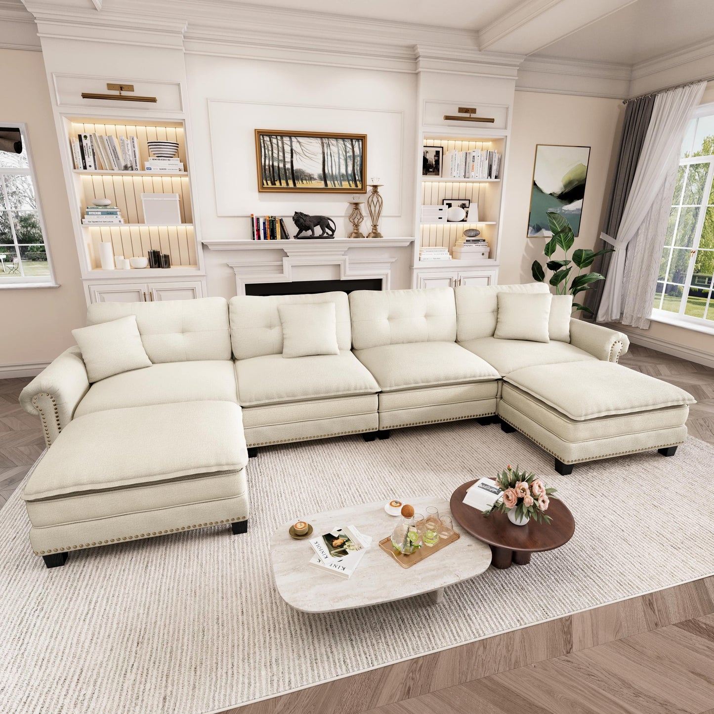 Captiva Designs Upholstered Indoor Sofa with Ottoman, Solid Wood Frame, Pocket Spring Seat & Throw Pillows