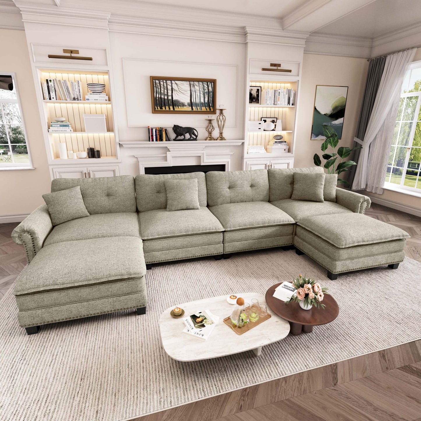 Captiva Designs Upholstered Indoor Sofa with Ottoman, Solid Wood Frame, Pocket Spring Seat & Throw Pillows