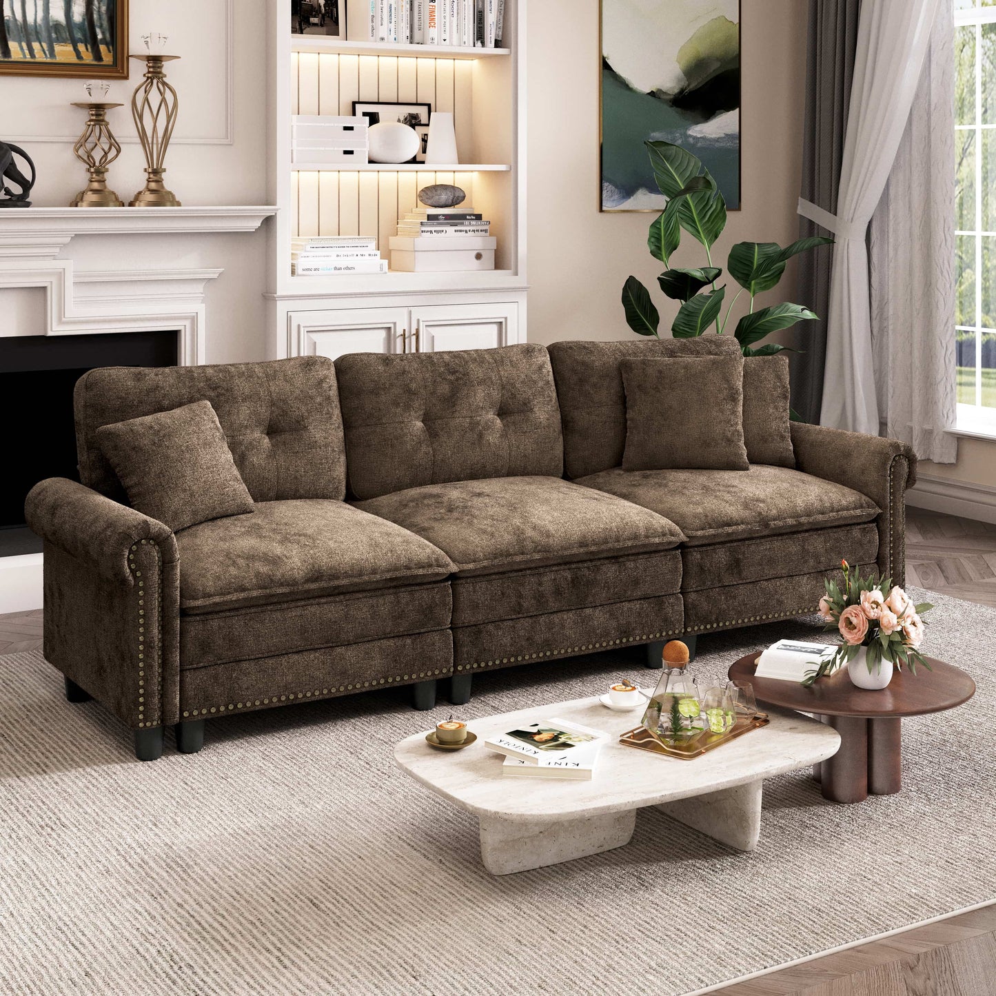 Captiva Designs Mid-Century Modern Modular Cloud Couch with Ottoman, Deep Seat Sectional Sofa with Throw Pillows